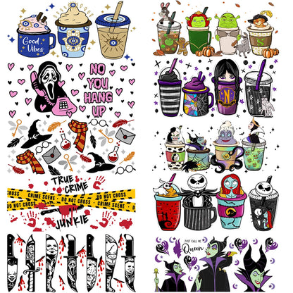 UV DTF Cup Wrap, Transfer Stickers for 16oz Glass Cups，UV DTF Cup Wrap Transfer Cup Stickers Decals Waterproof Rub on Transfers for Crafts Vintage（Halloween Series-12Sheets）