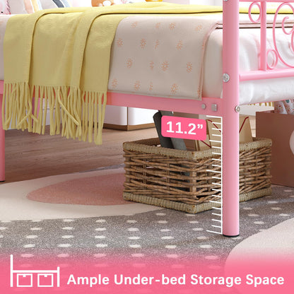 Weehom Twin Bed Frames Metal Platform Heavy Duty Steel Slat Under Bed Storage for Kids Pink