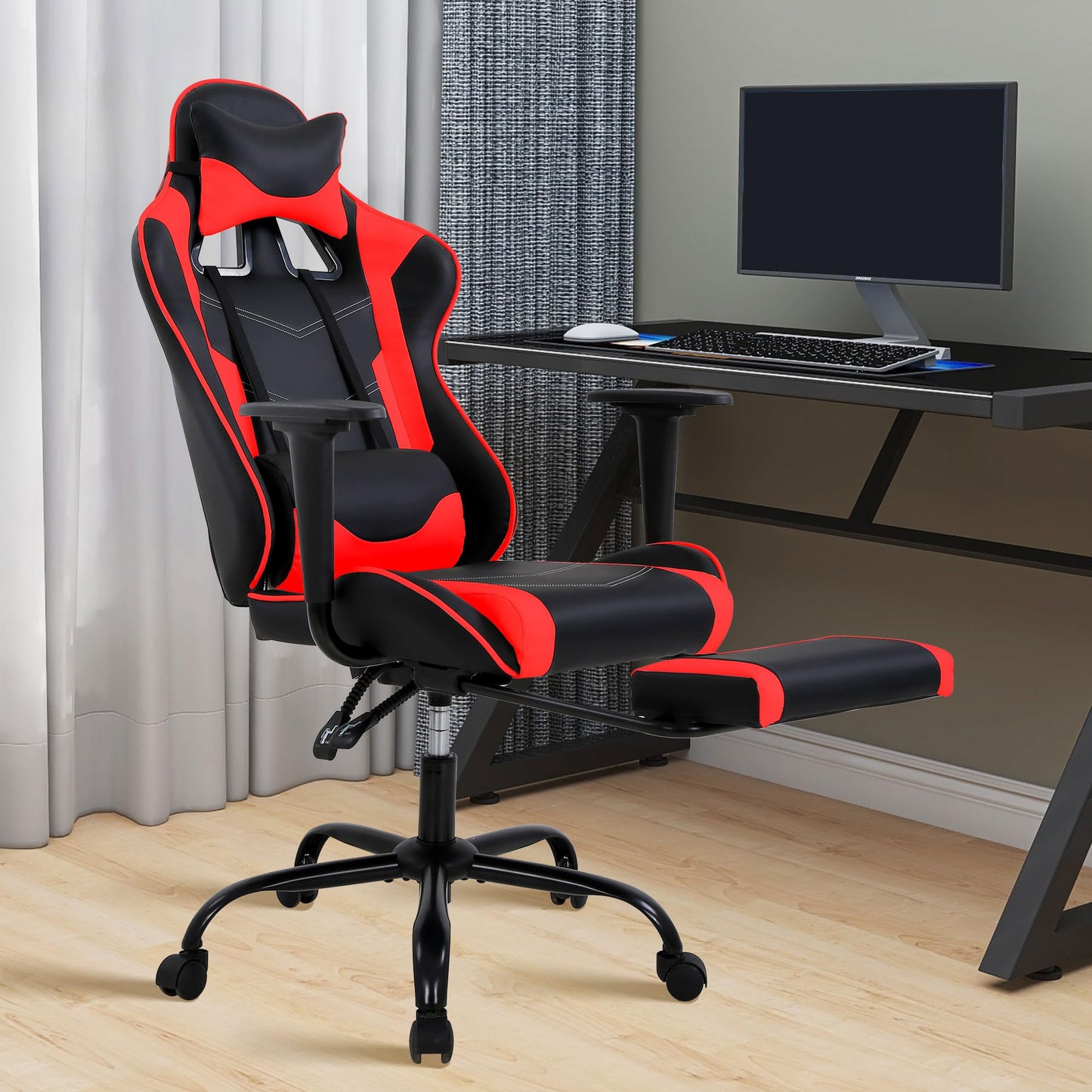 Gaming Chair, High Back PU Leather Gaming Chairs Computer Chair with Headrest & Lumbar Support, Height Adjustable Wide Seat Gamer Chair Gaming Chairs for Adults, Game Chair with Footrest & Armrest