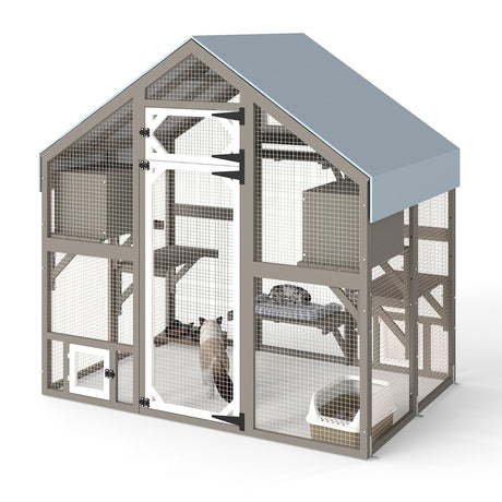 Gowoodhut 69.9"L Catio Outdoor Cat Enclosure for Multiple Cats,Wooden Walk In Cats Shelter Kitty Enclosure with 2 Resting Boxes,6 Platform,2 Middle Platform,Kitty Kennel with Weatherproof Cover(GREY) Gowoodhut
