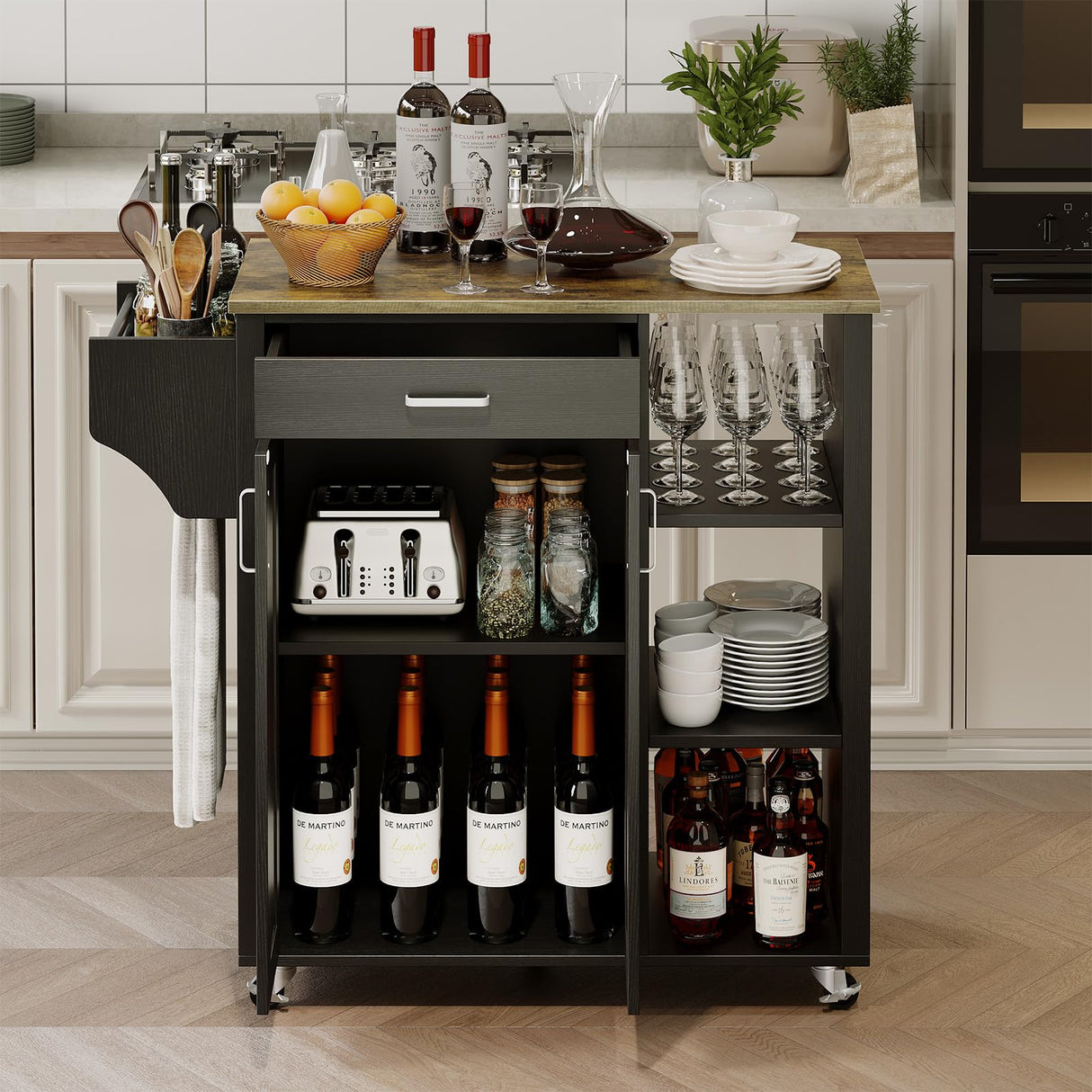 GarveeHome Mobile Rolling Island Cart for Kitchen, Kitchen Island on Wheels with Spice Rack& Drawer & Open Shelves & Towel Rack, Microwave Cart for Kitchen, Dining Room, 34.84" x 18.89" x 37", Black GarveeHome