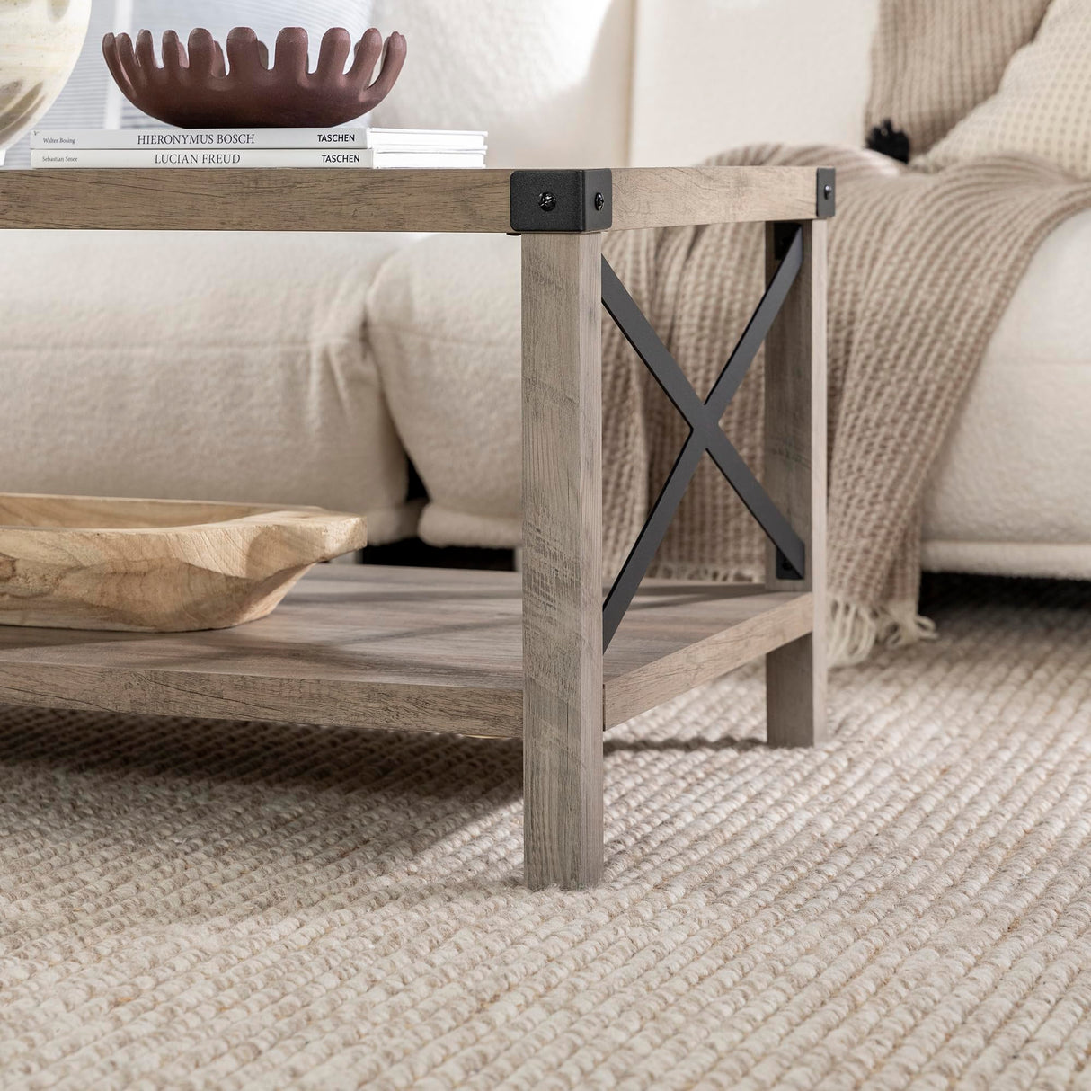 Walker Edison Sedalia Modern Farmhouse Metal X Coffee Table, 40 Inch, Grey Wash Walker Edison