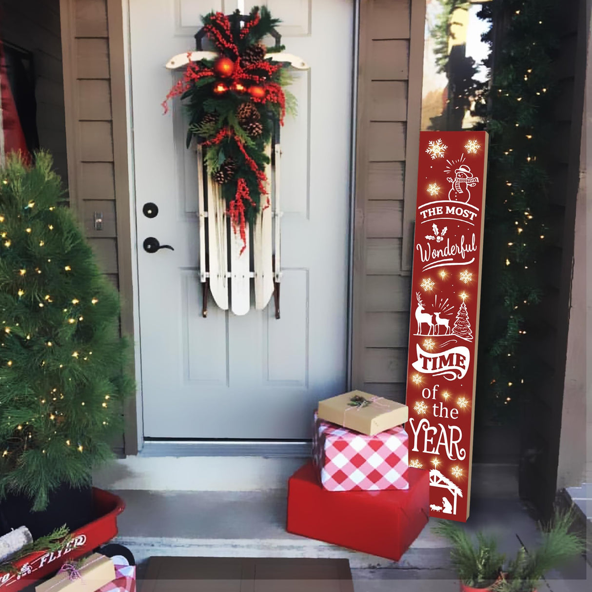 Lighted Wooden Welcome Sign, Merry Christmas Snowflake Elk Porch Sign for Front Door Decorations, Rustic Farmhouse Red Xmas Hanging Signs Wall Sign for Christmas Happy New Year Decor 47.2"H PEROUU