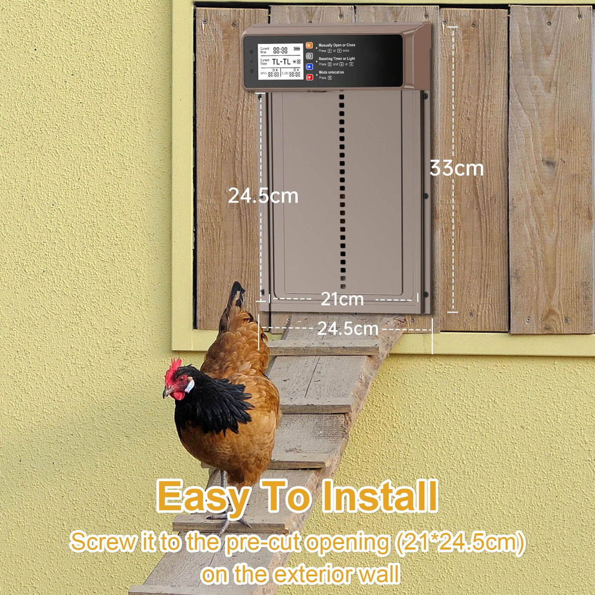 NyPots Automatic Chicken Coop Door Solar Powered, LCD Display Automatic Chicken Door with Timer & Light Sensor, Aluminum Alloy Chicken Door with Remote Control & 4 Modes Automatic Chicken Door Solar NyPots