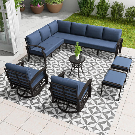 RTDTD Aluminum Patio Furniture Set, 10 Seats Outdoor Patio Conversation Set with Swivel Chair Modern Metal Patio Sectional Sofa with Coffee Table for Patio, Backyard(Navy Blue). RTDTD