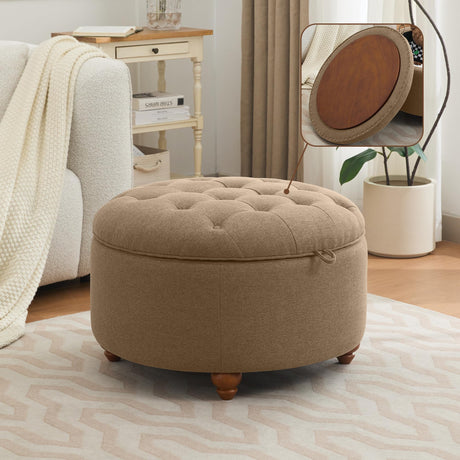 WUTUTUEE 30Inch Round Storage Ottoman with Tray, Modern Tufted Fabric Circle Coffee Table with Storage, Upholstered Ottoman with Removable Top for Living Room, Bedroom, Brown WUTUTUEE
