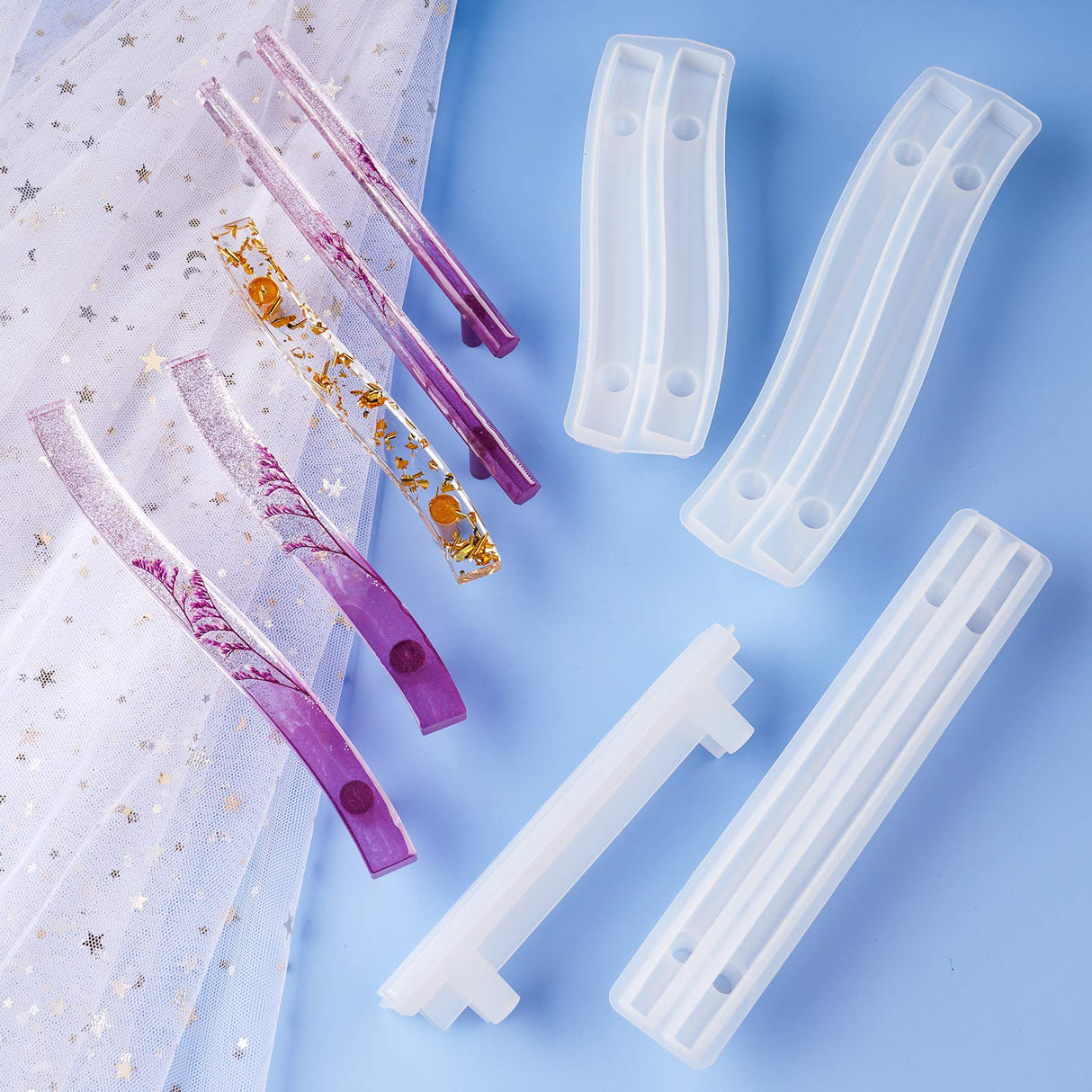 NiArt 4 Pairs Soft Silicone DIY Epoxy Resin Casting Molds, Curved Rectangle Wave + Straight Hexagon Cabinet Door Serving Tray Furniture Drawer Bar Pull Handles Agate Multipurpose Art Craft Decoration NiArt