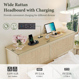 Yechen 48" Natural Rattan Headboard Queen Size with 6 Storage Drawers and Charging Station, Tall Light Wood Boho Queen Headboard Only, Freestanding Wicker Sturdy Frame Wall Headboards, Natural Yechen