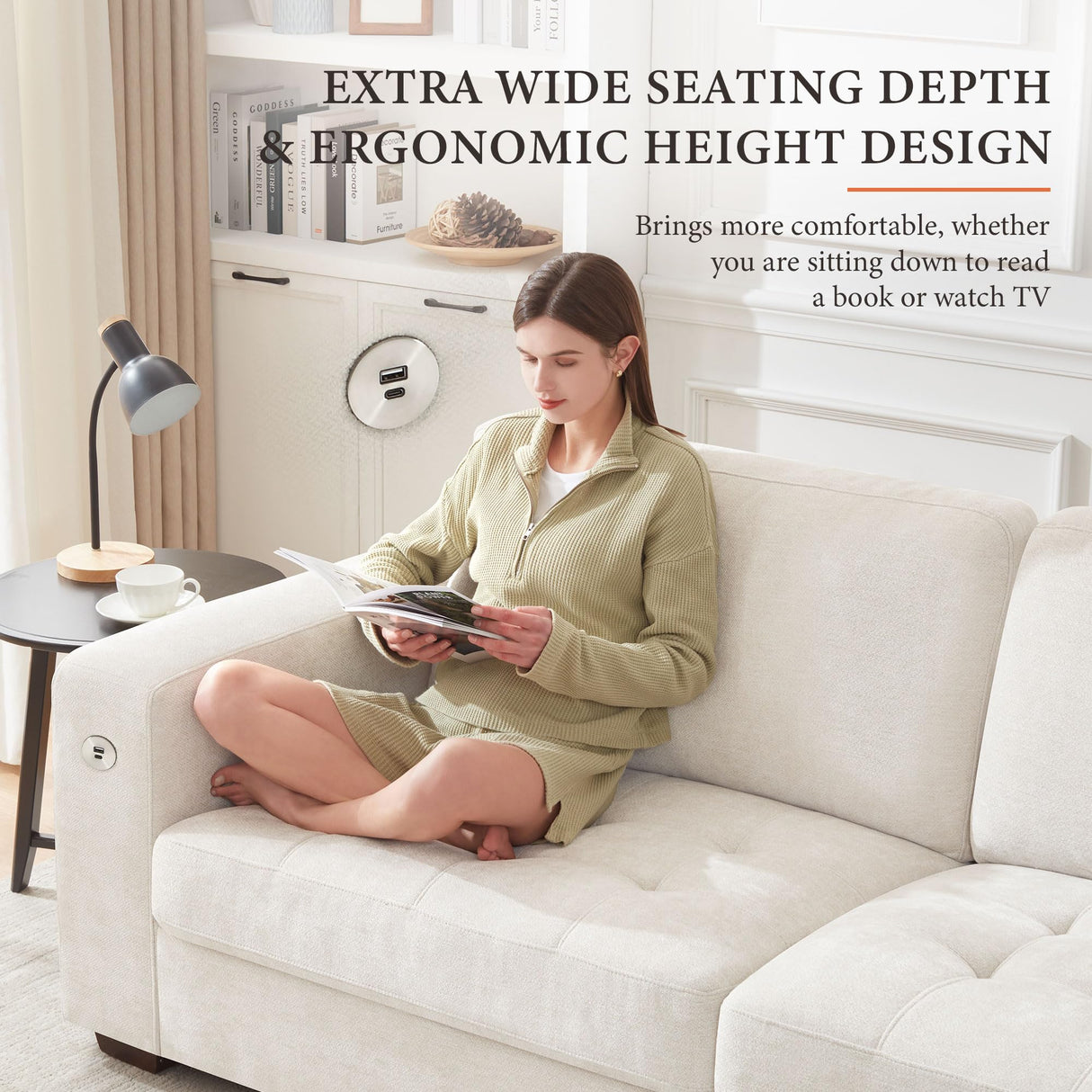 Ihanherry 89" Modern Sofa 3-Seats Couches for Living Room, Chenille Sofas with Extra Large Seat Width & Depth, USB/Type-C Charging Port & Side Pocket, Removable Medium Firm Sofa Cushion(Beige) Ihanherry