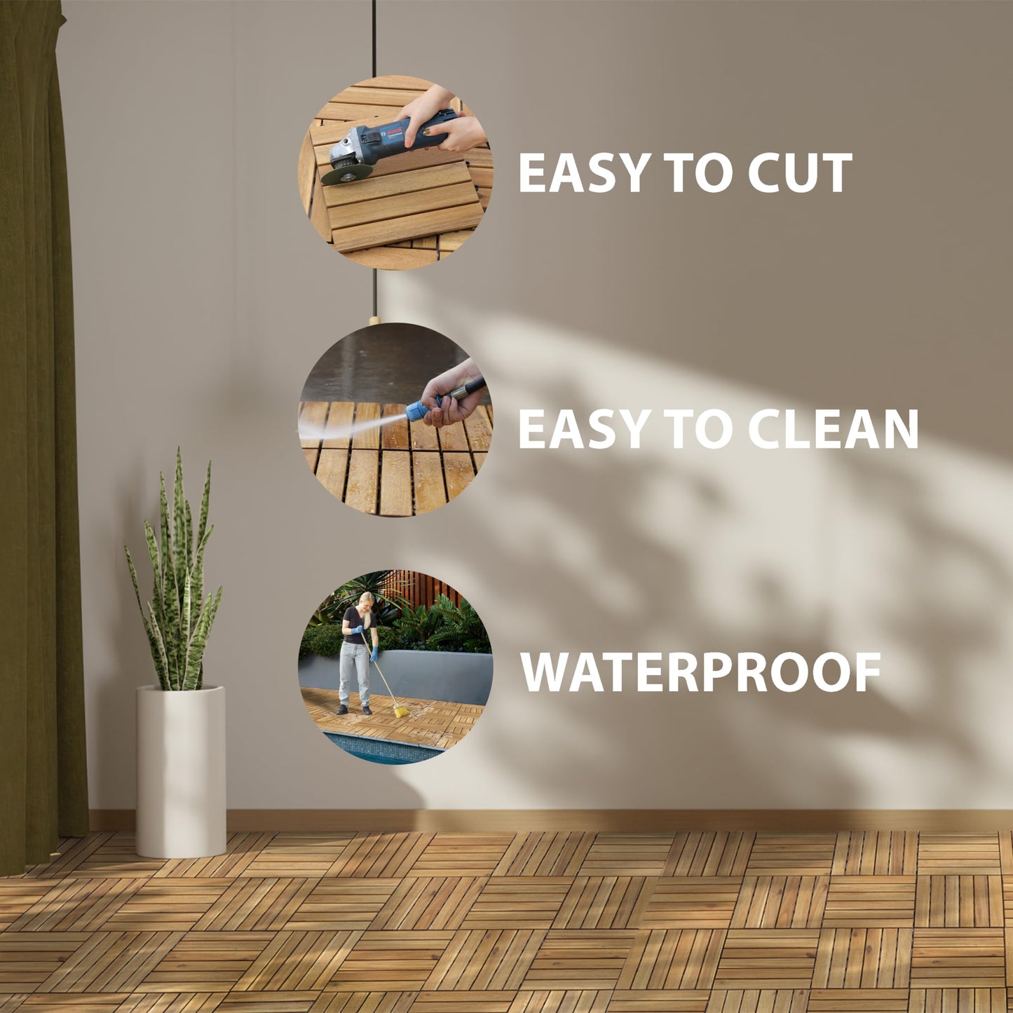 27 PCS Wood Deck Tiles, 12 Inch Patio Decor Waterproof Flooring for Outdoor Indoor, Composite Interlocking Balcony Tiles as Patio Pavers, Garden Floor Covering, Pool Deck Kits (6 Slats 27 Pcs)