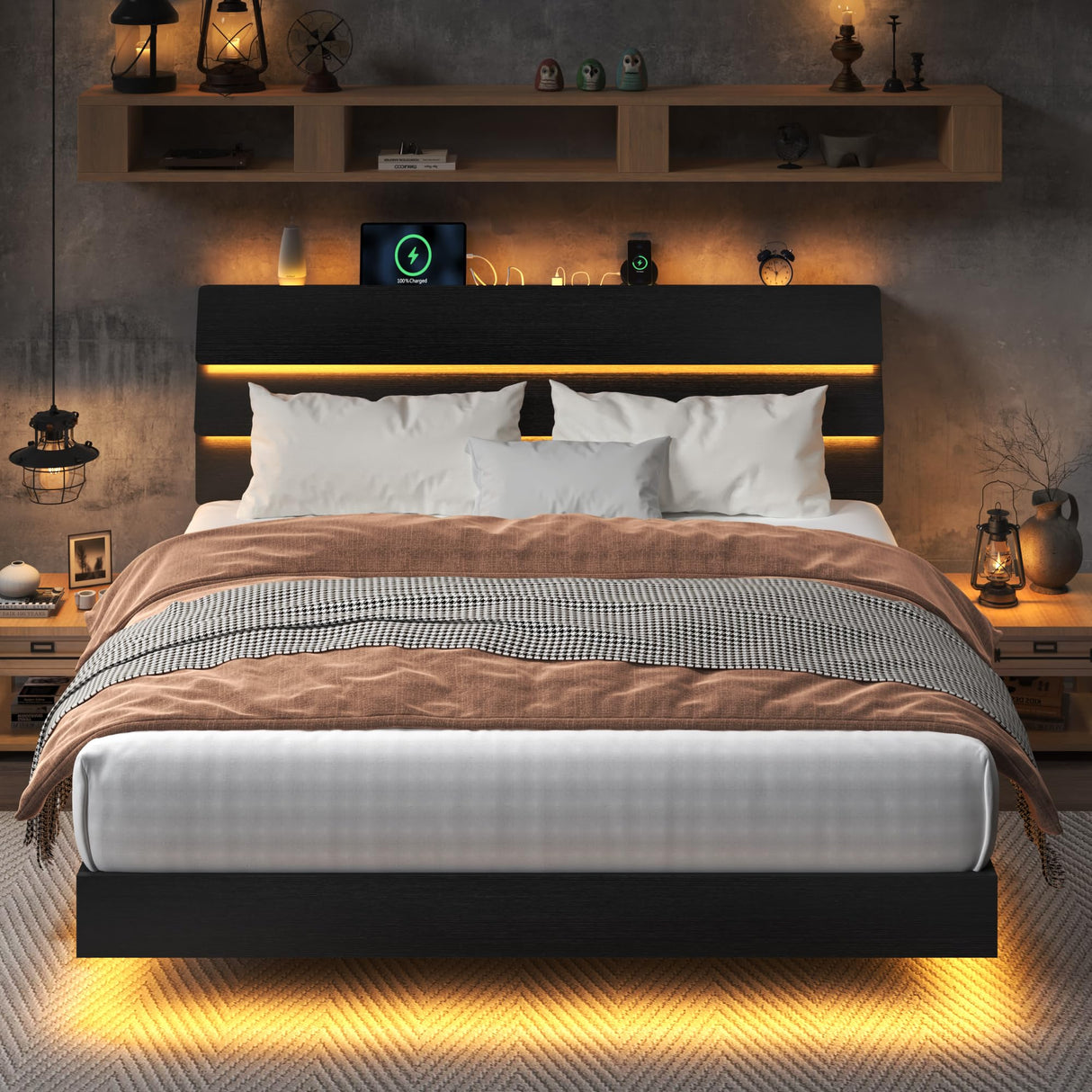 Feonase King Size Floating Bed Frame with Led Lights and Charging Station, Wood King Bed Frame with Storage Headboard, Heavy Duty Metal Slats, No Box Spring Needed, Easy Assembly, Black Feonase
