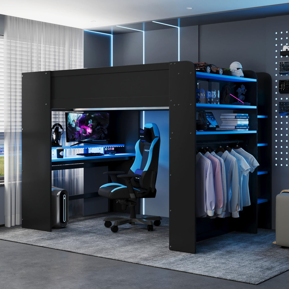 Full Size Gaming Loft Bunk Convertible Bed, Bedroom Furniture Esports Style Bed with Height-Adjustable Desk, RGB Light Strip and USB Port, Wood Gaming Bed Frame with Open Wardrobe and Shelves (Blue) YSWH