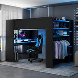Full Size Gaming Loft Bunk Convertible Bed, Bedroom Furniture Esports Style Bed with Height-Adjustable Desk, RGB Light Strip and USB Port, Wood Gaming Bed Frame with Open Wardrobe and Shelves (Blue) YSWH