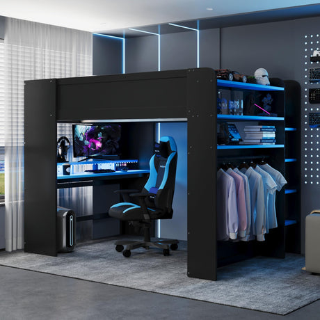 Bellemave Full Loft Bed with Height-Adjustable Desk,Wardrobe,Ample Storage Space,and RGB Light, Gaming loft Bed with Desk, Black+Blue Bellemave