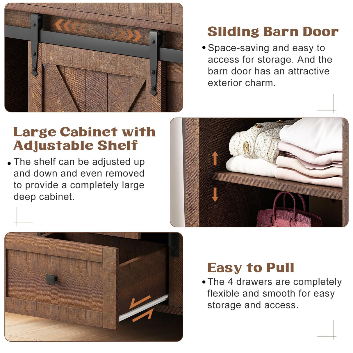 Farmhouse Dresser for Bedroom, Sliding Barn Door Dresser with 4 Drawers, Kids Dresser & Chest of Drawers for Clothes Storage, Wood Dresser TV Stand, 47" Redwood Rustic GlouMod