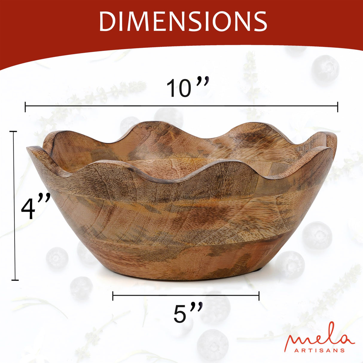 Mela Artisans Wooden Scalloped Bowl - Medium | Ruffle Decorative Style | Rustic Kitchen Decor | Mango Wood | Natural Grain Finish | Fits Bread, Fruits, Salad or Popcorn | 10” x 4” x 9” Mela Artisans