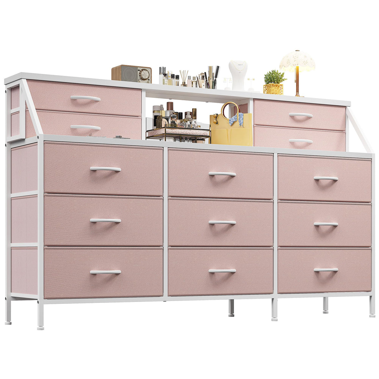 EnHomee 55”W Dresser for Bedroom, Pink Dresser for Bedroom, Dresser with 13 Large Drawer, Dressers & Chests of Drawers, Bedroom Dresser with 2 Shelves, Long Dresser for Closet EnHomee