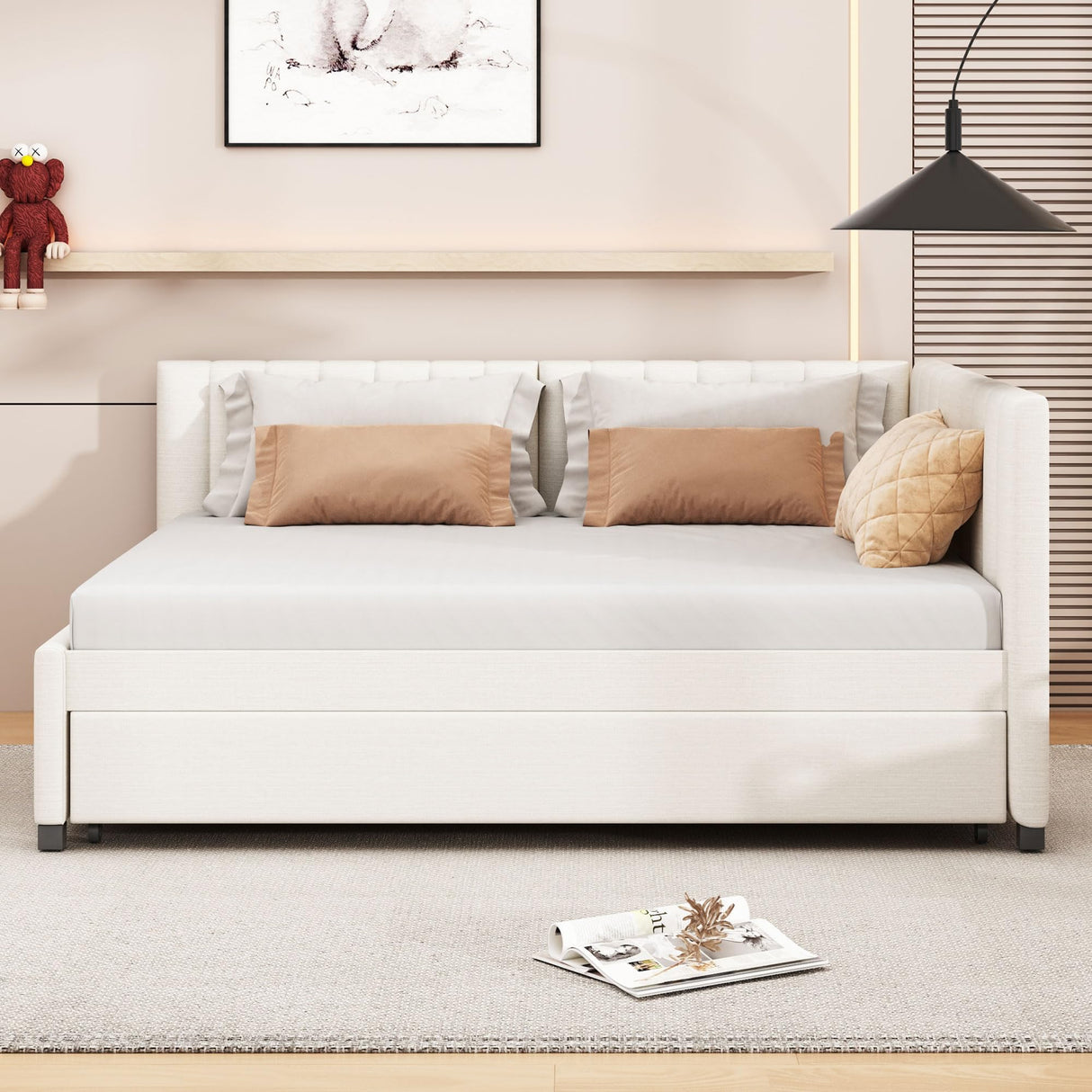 PVWIIK Full Size Daybed with Trundle for Bedroom,Guest Room,Solid Wood Bed Frame w/Wood Slat Support,Upholstered Backrest for Adults/Kid,No Box Spring Needed, Beige PVWIIK