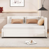 Modern Full Size Daybed with Trundle for Teens Kids, Linen Upholstered L-Shaped Platform Bed Frame Full with Headboard, Full Corner Bed for Living Room, Full with Trundle, Beige Merax