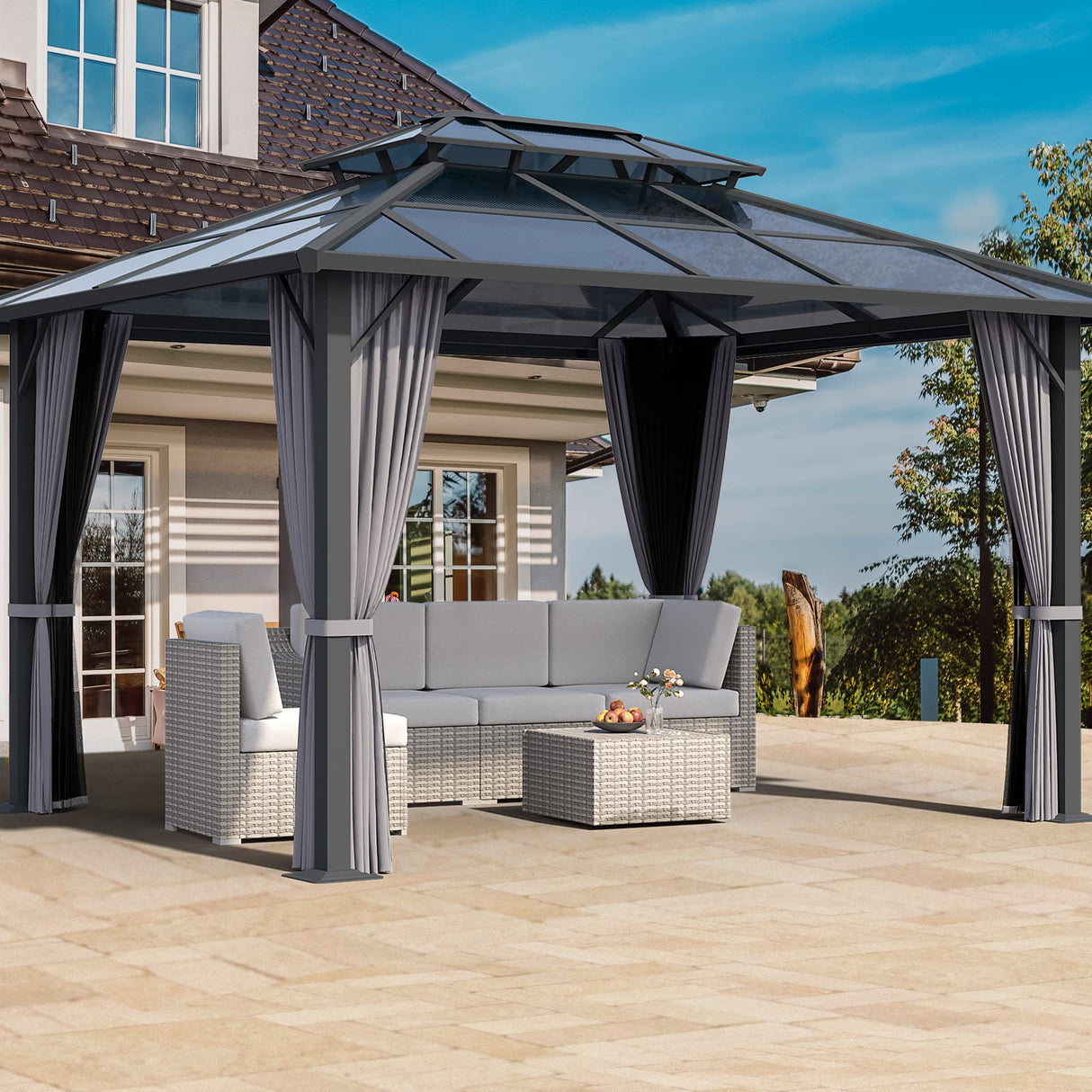 HAPPATIO 10'x 12' Hardtop Gazebo, Outdoor Polycarbonate Double Roof, Aluminum Furniture Gazebo Canopy with Netting and Curtains for Garden, Patio,Deck (Gray) HAPPATIO