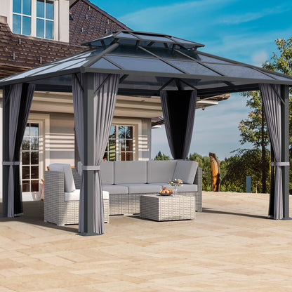 HAPPATIO 10'x 12' Hardtop Gazebo, Outdoor Polycarbonate Double Roof, Aluminum Furniture Gazebo Canopy with Netting and Curtains for Garden, Patio,Deck (Gray) - WoodArtSupply