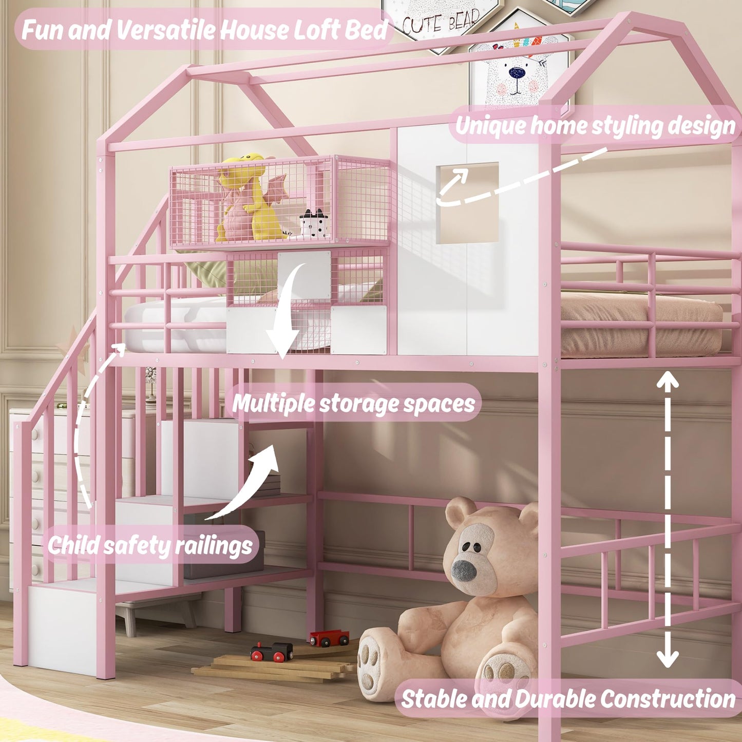 Twin Size House Loft Bed with Stairs and Storage, Heavy-Duty Metal Princess Loft Bed Frame with Storage Box and Safety Rail for Girls Kids Teens, Pink