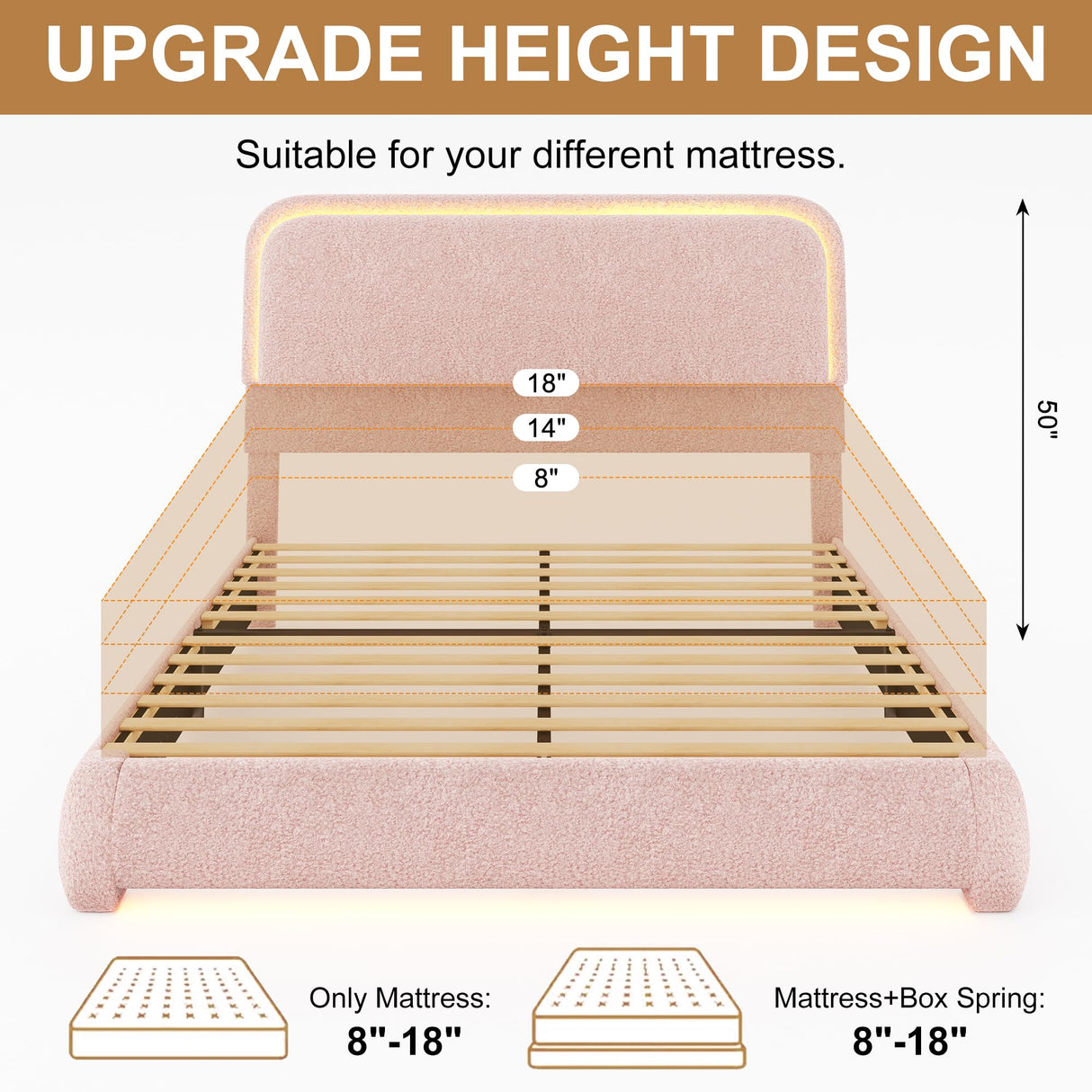 Queen Bed Frame, Soft Teddy Fleece Upholstered Platform Bedframe with Thickened Rounded Corners Headboard Footboard, Modern Curved Shaped Cloud Bed Frame with LED Lights, No Box Spring Needed, Pink SIBEDS