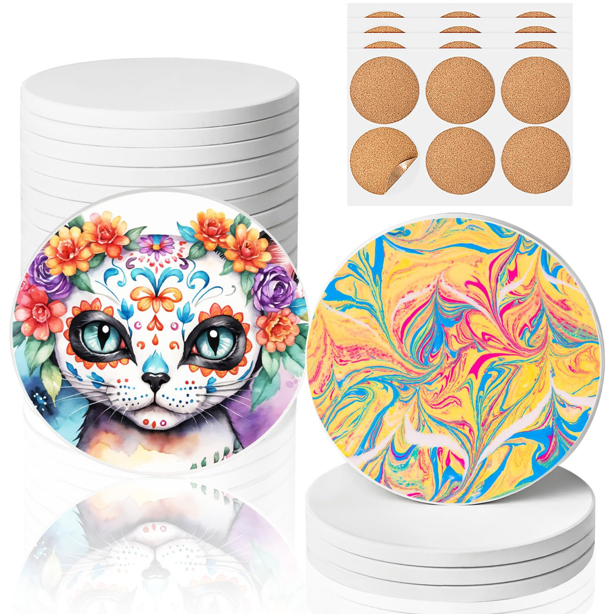 Ceramic Tiles for Crafts, GOH DODD 24 Pack Unglazed Blank Coasters White Tiles with 24 Cork Backing Pads for Alcohol Ink, Painting, Acrylic Pouring, DIY, Art Projects, Decorating, Round, 4 Inch GOH DODD