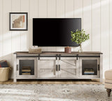 WAMPAT Farmhouse TV Stand for ups to 75 inch TV, Wooden Entertainment Center with Mesh Barn Doors, Media Console with Storage Shelf for Living Room Bedroom, Rustic Oak and White WAMPAT