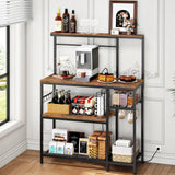 HOOBRO Bakers Rack with Power Outlet, 4-Tier Corner Microwave Stand with Storage, Coffee Bar with 8 S-Shaped Hooks, Kitchen Shelf Rack, 2 Installation Methods, Rustic Brown and Black BF20UHB01 HOOBRO