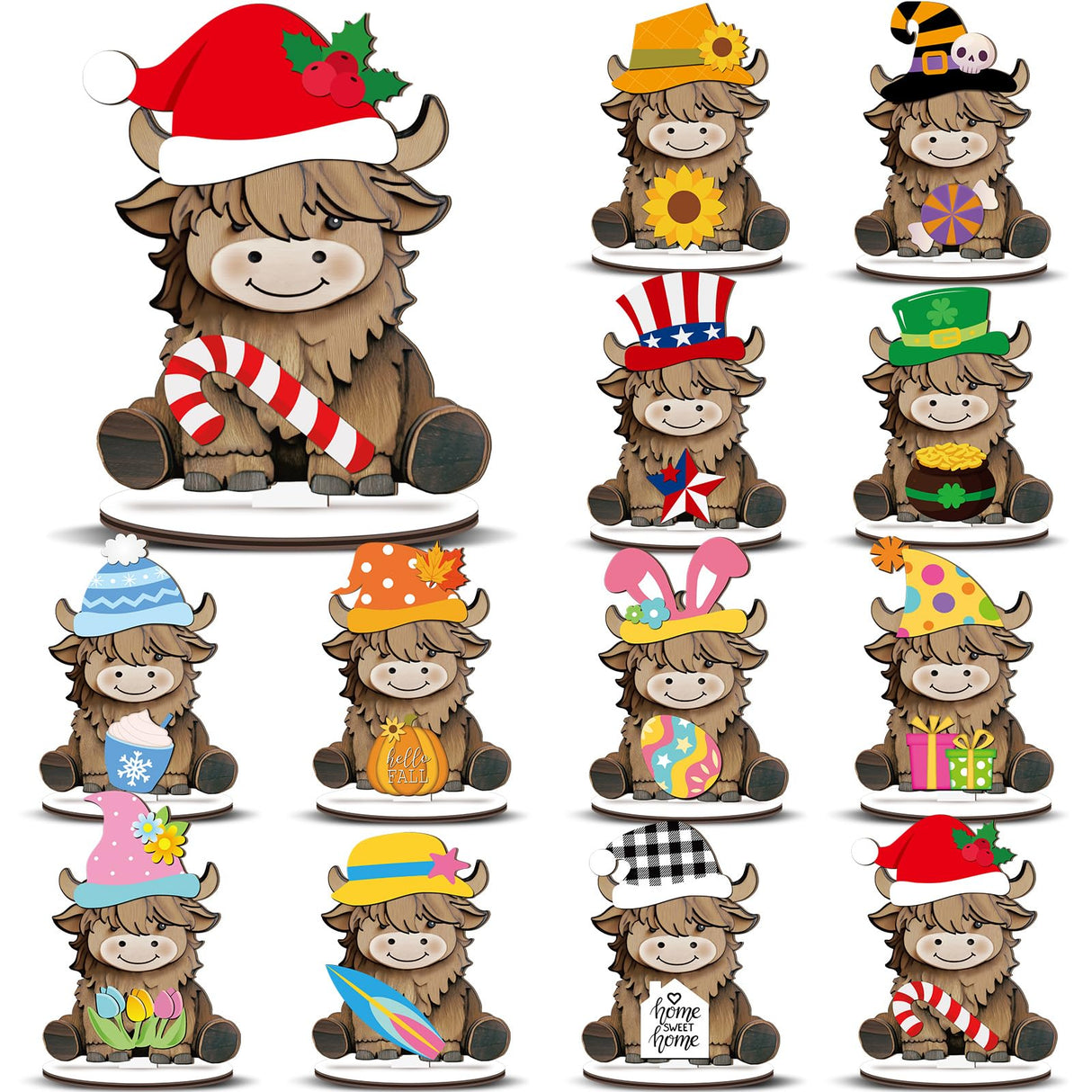 Menkxi Interchangeable Highland Cow Decor Seasonal Wooden Signs Farmhouse Table Centerpiece with Holiday Icon Rustic Cow Tiered Tray Decor Halloween Fall Decorations for Home Office Desk Gift Menkxi