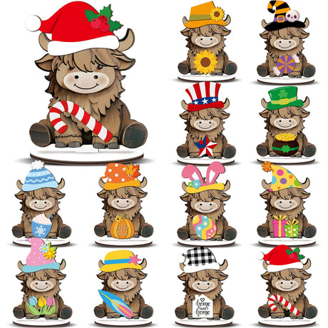 Menkxi Interchangeable Highland Cow Decor Seasonal Wooden Signs Farmhouse Table Centerpiece with Holiday Icon Rustic Cow Tiered Tray Decor Halloween Fall Decorations for Home Office Desk Gift Menkxi