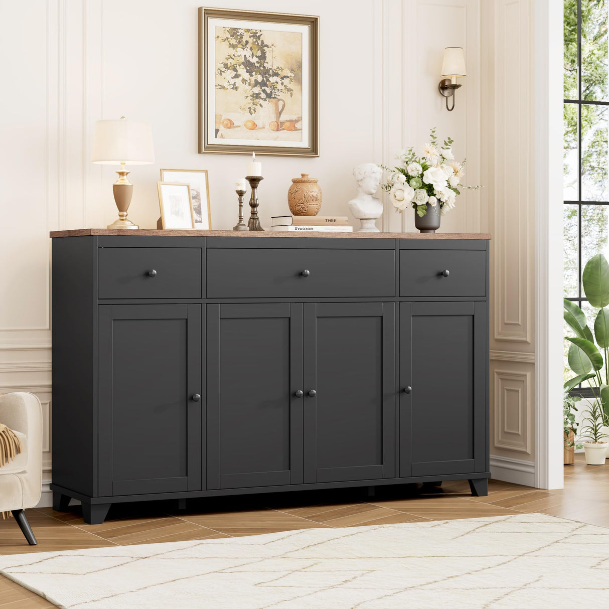 HIFIT 55" Large Kitchen Buffet Cabinet with Storage Drawers, Farmhouse Sideboard Buffet Table Storage Cabinet with Doors and Shelves, Wood Coffee Bar Cabinet for Kitchen Dining Living Room, Black HIFIT