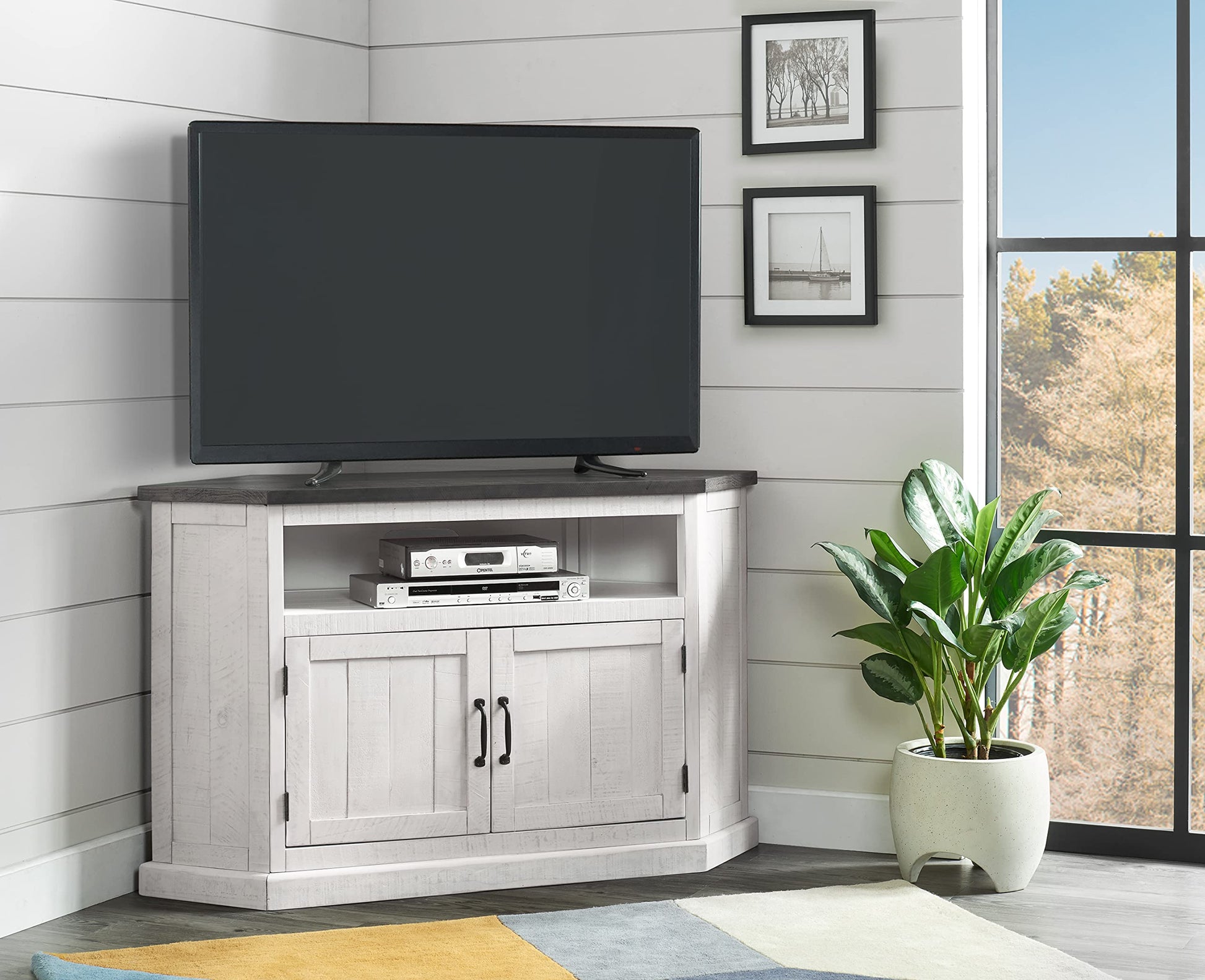 Martin Svensson Home Rustic Solid Wood Corner TV Stand, White Stain with Grey Stain Top - WoodArtSupply