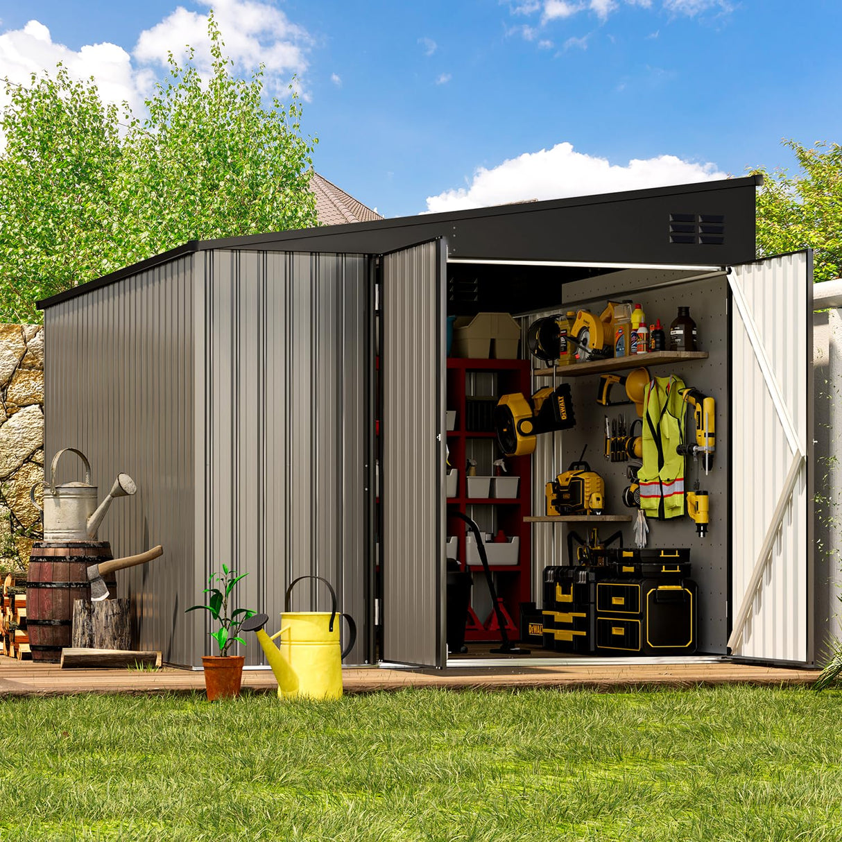 AECOJOY Shed Lean to Storage Shed, Large Outdoor 8' x 10' Metal Wall Side Bike Shed & Outdoor Storage, Garden Storage Cabinet for Backayrd, Patio and Outdoor Use in Grey AECOJOY