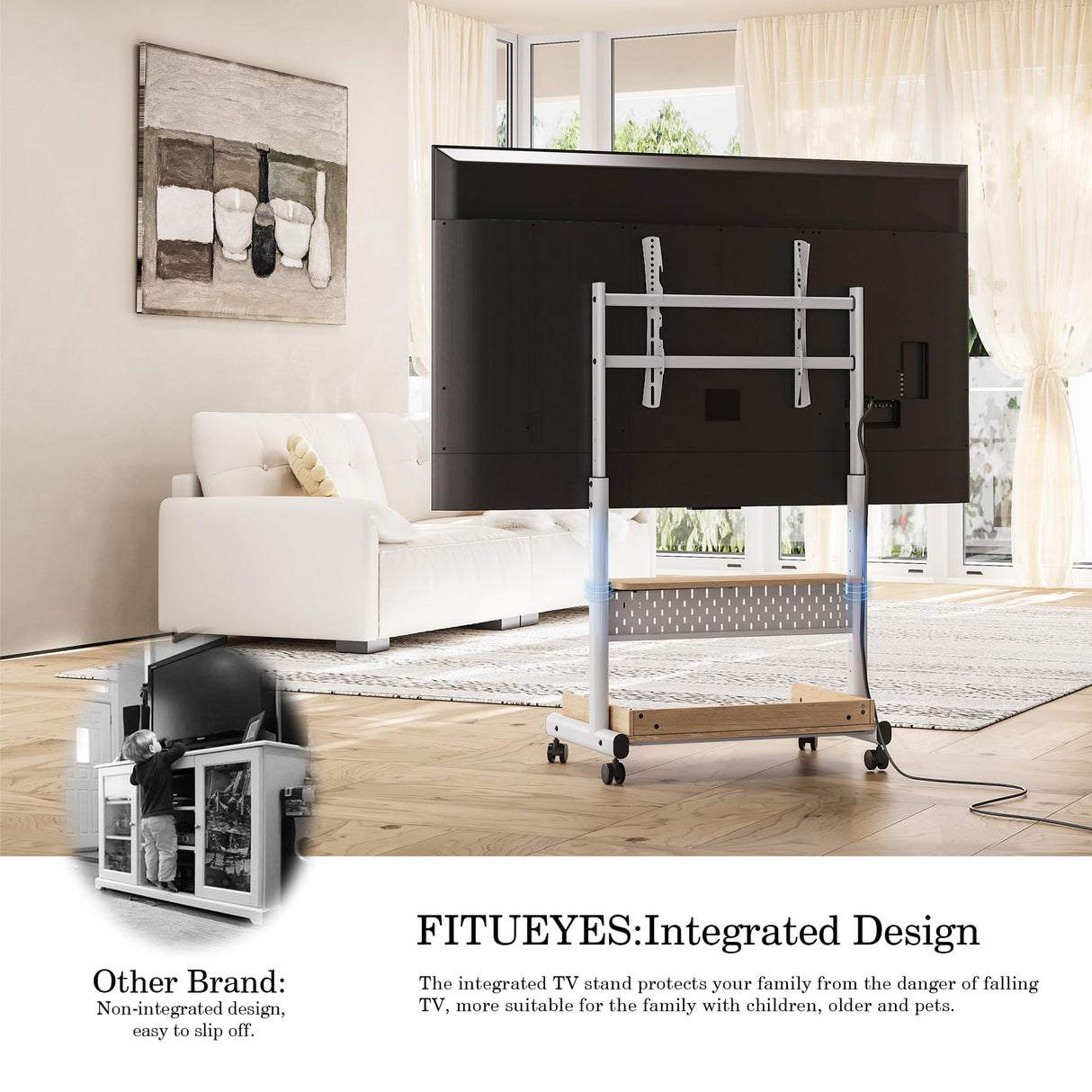 FITUEYES Rolling Floor TV Stand Mount for 40-85 Inch Large LCD/LED TVs TV Cart Heavy Duty Hold Up to 132 lbs Mobile Corner Stand with Mount for LCD/LED Flat Curved Screens with Wooden Large Storage FITUEYES