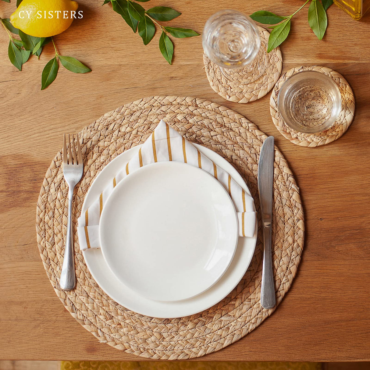 CY SISTERS Woven Placemats Round Placemats Set of 6, 13.5 Inch Wicker Placemats Circle Rattan Placemats Farmhouse Boho Braided Natural Water Hyacinth Place Mats for Indoor & Outdoor Table Decor CY SISTERS