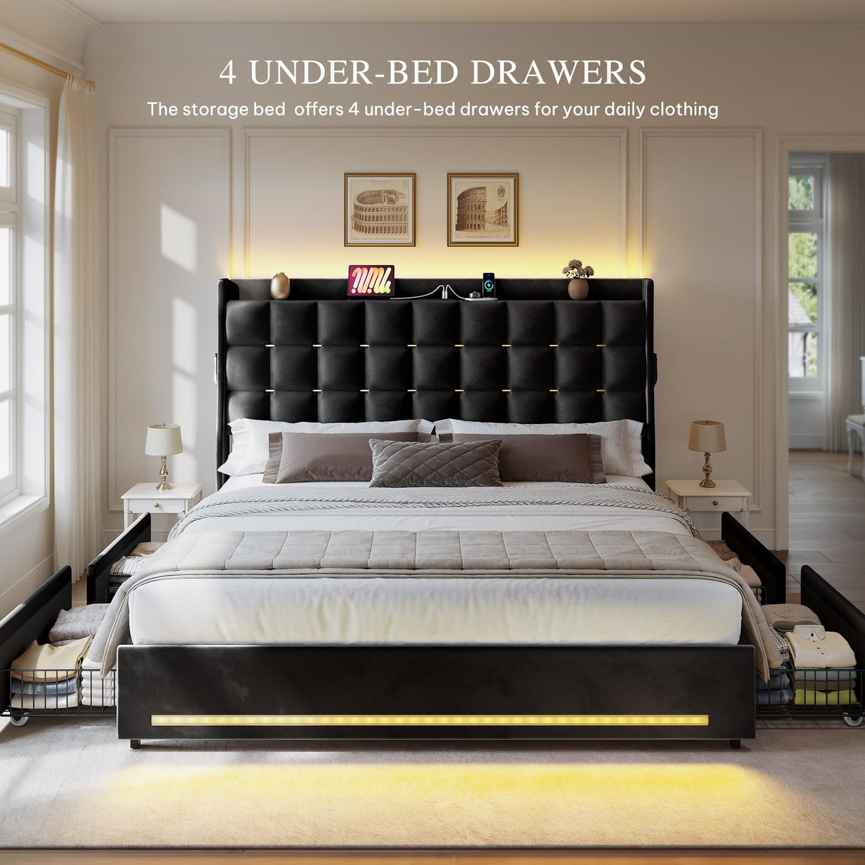 YITAHOME Queen Size Bed Frame with 4 Drawers and RGB LED Lights, Velvet Upholstered Platform Bed with Charging Station and Storage Headboard, No Box Spring Needed, Easy Assembly, Noise-Free, Black YITAHOME