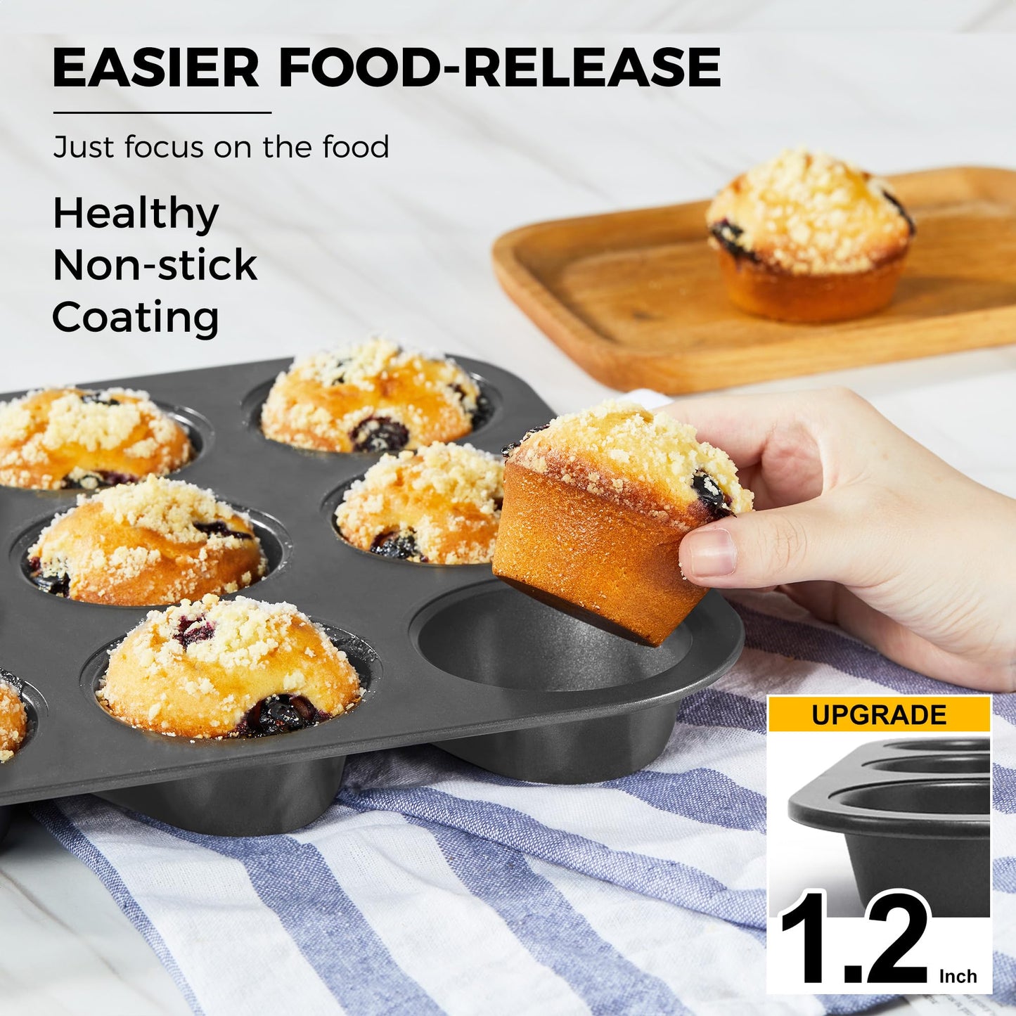 HONGBAKE Muffin Pan for Baking, Nonstick Cupcake Tin 12 Cup, 2 Pack Cup Cake Tray, Premium Cheesecake Pans, Dishwasher Safe - Dark Grey