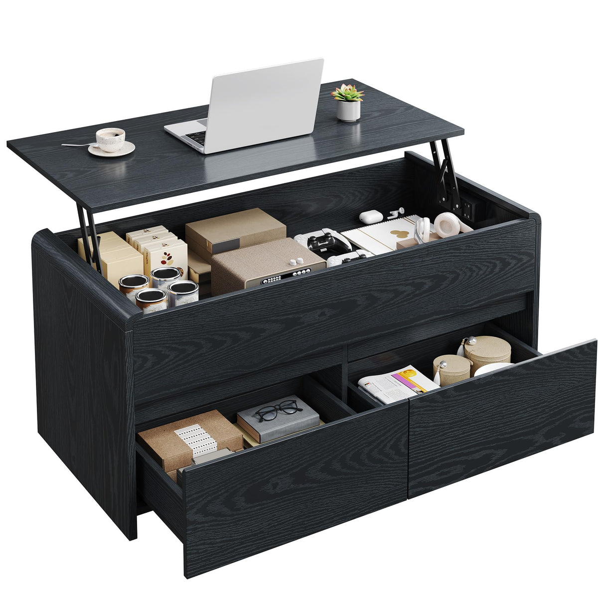 Homiflex Coffee Table Lift Top, 40 Inch Multi-Function Coffee Table with 2 Drawers, Hidden Compartment, Curved Profile Design, Converts to Home Office Table, Dining Table for Living Room, Black Homiflex