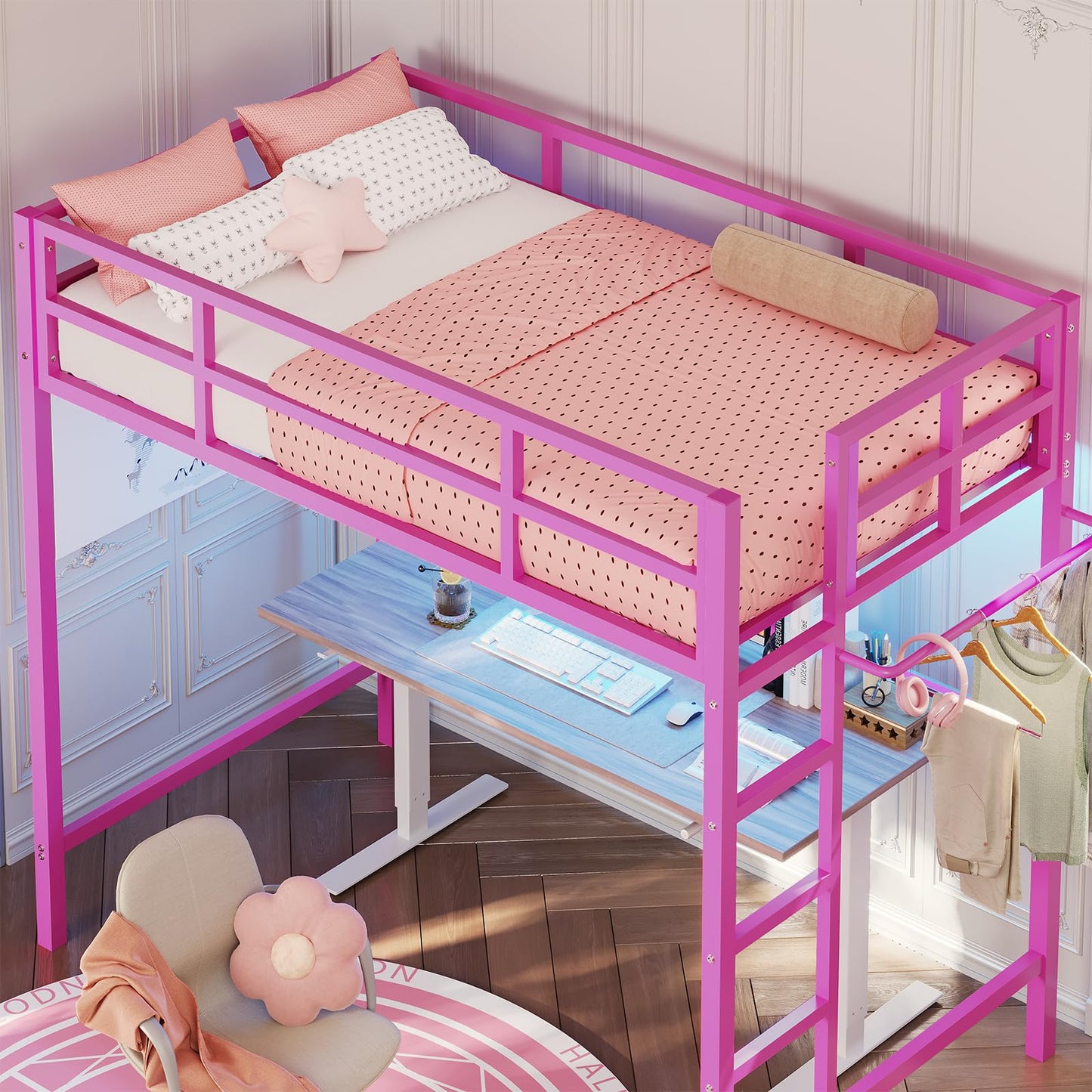 Hasuit Twin Metal Loft Bed with LED Lights, Loft Bed Twin Size with Full-Length Guardrail &Clothes Rack, Heavy Duty Loft Bed Twin Frame, Space-Saving, Noise Free, No Box Spring Needed, Pink