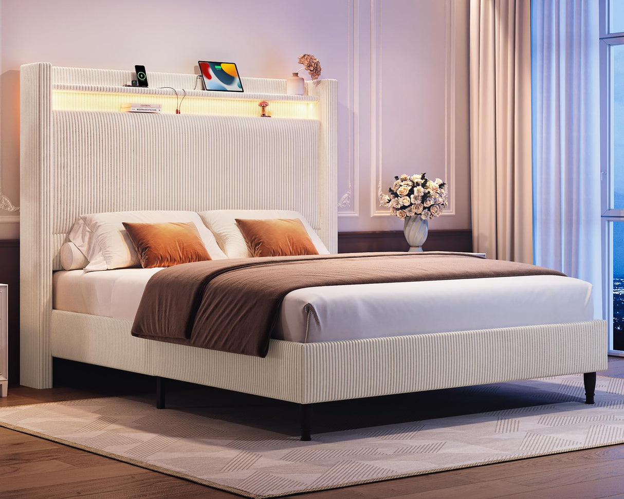 Queen Bed Frame with Tall Headboard, 55.3" Upholstered Platform Queen Size Bed Frame, Elegant Corduroy Wingback Bed with LED Lights & Charging Station, No Box Spring Needed, Solid Wood Slats, Cream Welzona