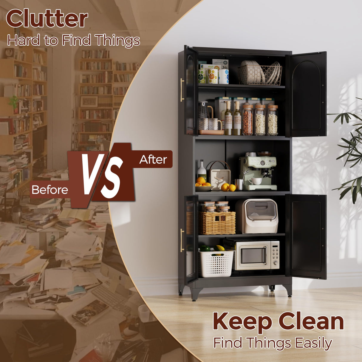 Kubohogar 75" Tall Kitchen Pantry Storage Cabinet, Metal Storage Cabinets with 4 Doors and Adjustable Shelves, Black Kitchen Hutch Cabinet with Microwave Stand, Large Cupboard for Dining Living Room Kubohogar