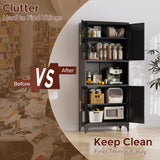 Kubohogar 75" Tall Kitchen Pantry Storage Cabinet, Metal Storage Cabinets with 4 Doors and Adjustable Shelves, Black Kitchen Hutch Cabinet with Microwave Stand, Large Cupboard for Dining Living Room Kubohogar