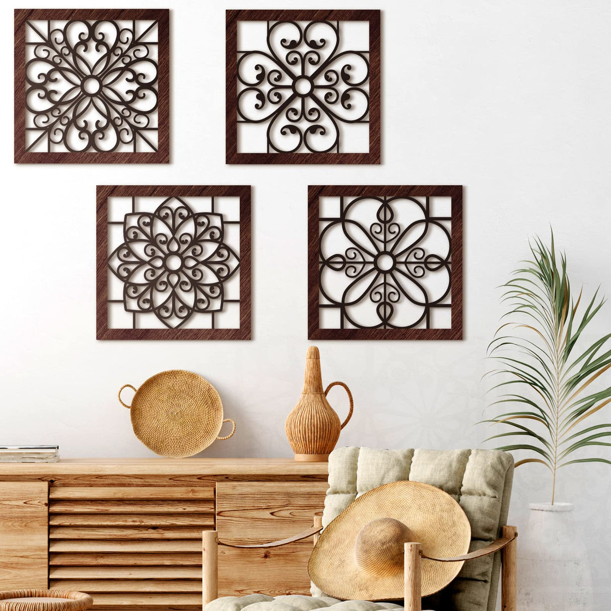 Yulejo 4 Pieces Thicken Rustic Wall Decor Farmhouse Wall Art Decor Wooden Hollow Carved Design Rustic Wall Art for Living Room Bedroom Hallway Decor Office Kitchen Wall Decoration (Brown, Black) Yulejo