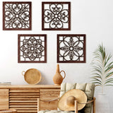 Yulejo 4 Pieces Thicken Rustic Wall Decor Farmhouse Wall Art Decor Wooden Hollow Carved Design Rustic Wall Art for Living Room Bedroom Hallway Decor Office Kitchen Wall Decoration (Brown, Black) Yulejo