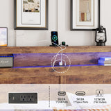 FSTAR King Size Wooden Bed Frame with Headboard, Farmhouse Bedframe with Charging Station & Led Lights, Heavy Duty Metal Slats, Noise Free, No Box Spring Needed, Dark Brown FSTAR