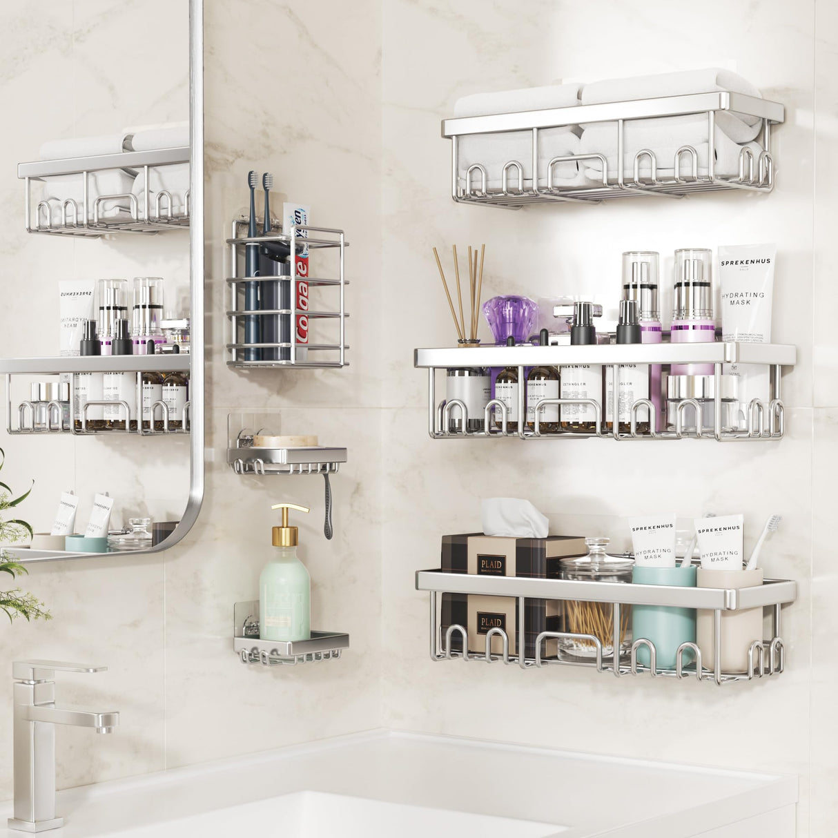 Veken Shower Caddy 6-Pack, Family Choice Award Winner, Large Wall Mounted Shower Rack, Bathroom Shelves Over Toilet, Organizer Storage Accessories with Soap Dish & Toothbrush Holder, Silver Veken