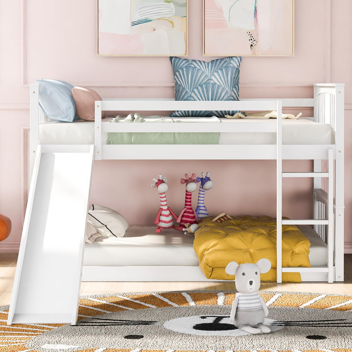 Montessori Floor Bunk Bed Twin Over Twin, Twin Bunk Bed with Slide and Ladder, Kids Bunk Beds with Guardrail Headboard and Footboard, Low Bunk Beds for Kids, Boys, Girls, Twin Bunk Bed White Bellemave