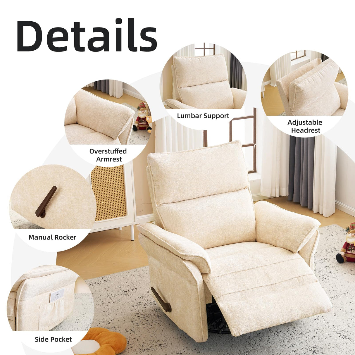 Rhevoy Oversized Recliner Chair, 26" Extra Wide 360° Swivel Rocker Recliner with Adjustable Headrest, Chenille Glider Rocking Nursery Chair with Overstuffed Armrest, Lumbar Support, Beige Rhevoy
